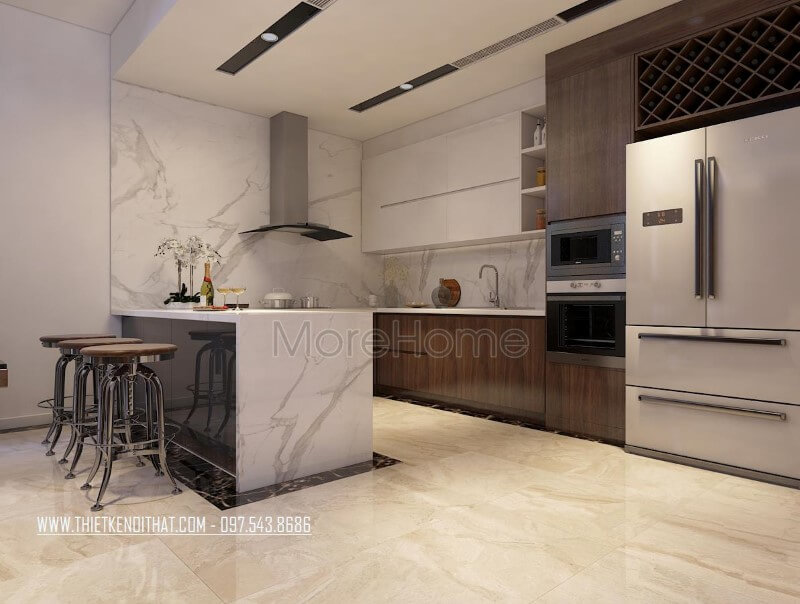Thiết kế phòng bếp hiện đại hình chữ U rộng rãi với việc kết hợp với bàn bar tiện lợi hơn cho người đầu bếp Thiết kế phòng bếp, tủ bếp đẹp
