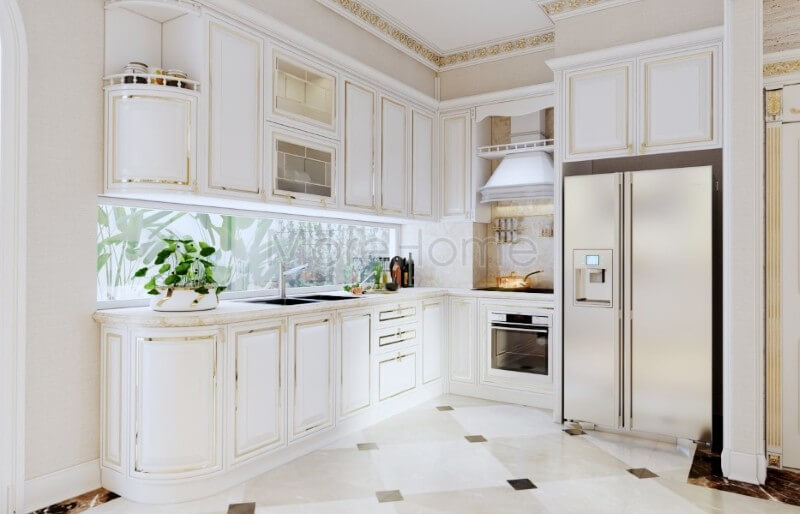 Thiết kế tủ bếp biệt thự kiểu dáng chữ L tân cổ điển đẹp mắt, từng chi tiết tinh tế trang trí đường ánh kim đơn giản tạo điểm nhấn đặc biệt giúp tăng thêm tính thẩm mỹ cho không gian nhà bếp Thiết kế phòng bếp, tủ bếp đẹp