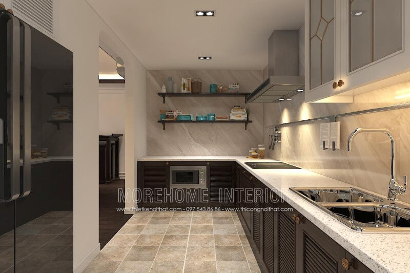 Mẫu tủ bếp gỗ tần bì nhập khẩu phun sơn màu nâu cao cấp mang lại sự sang trọng cho cả không gian Tủ bếp gỗ, tủ bếp gỗ tự nhiên, tủ bếp tân cổ điển