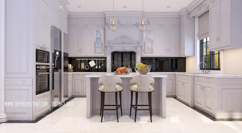 Mẫu tủ bếp biệt thự tân cổ điển được làm từ gỗ sồi phun sơn màu trắng cao cấp, những nét hoa văn cầu kì, tỉ mỉ tạo nên một không gian cuốn hút mà bất kì ai cũng muốn sở hữu Tủ bếp gỗ, tủ bếp gỗ tự nhiên, tủ bếp tân cổ điển