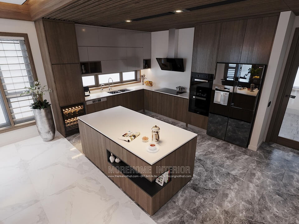 Mẫu tủ bếp gỗ công nghiệp hiện đại với gam màu nâu đẹp Thiết kế tủ bếp nhà phố sang trọng