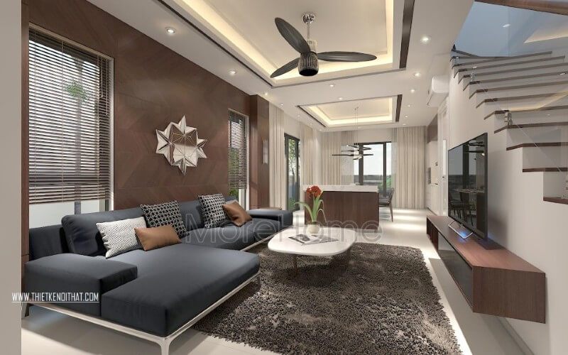Thiết kế sofa phòng khách chung cư hiện đại, đơn giản, tone màu ghi tối kết hợp hài hòa với sắc nâu ấm áp và tone màu nền trắng tinh tế