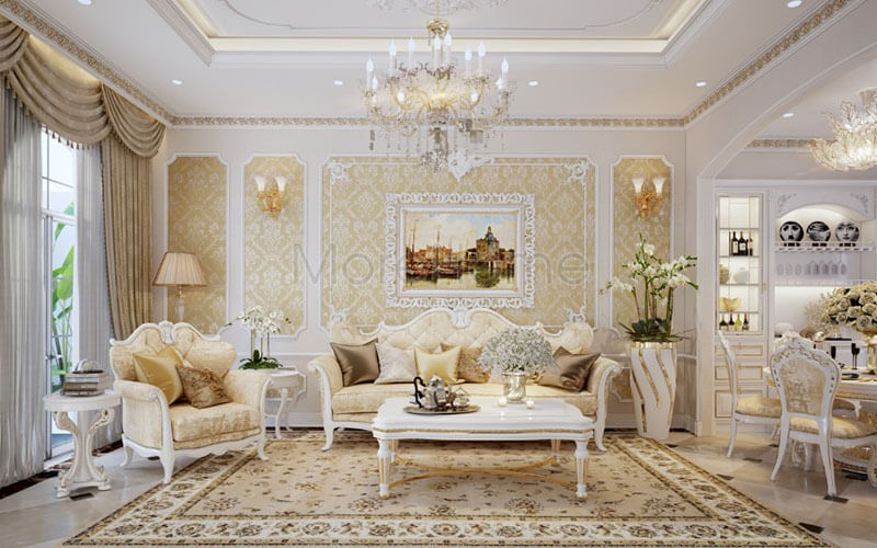Thiết kế nội thất phòng khách theo phong cách tân cổ điển tạo nên một không gian ngôi nhà hết sức tinh tế và không kém phần sang trọng